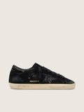 Golden Goose Super-Star Donna Ltd in Suede Nero con Stella in Glitter Neri e Talloncino in Pelle Nera