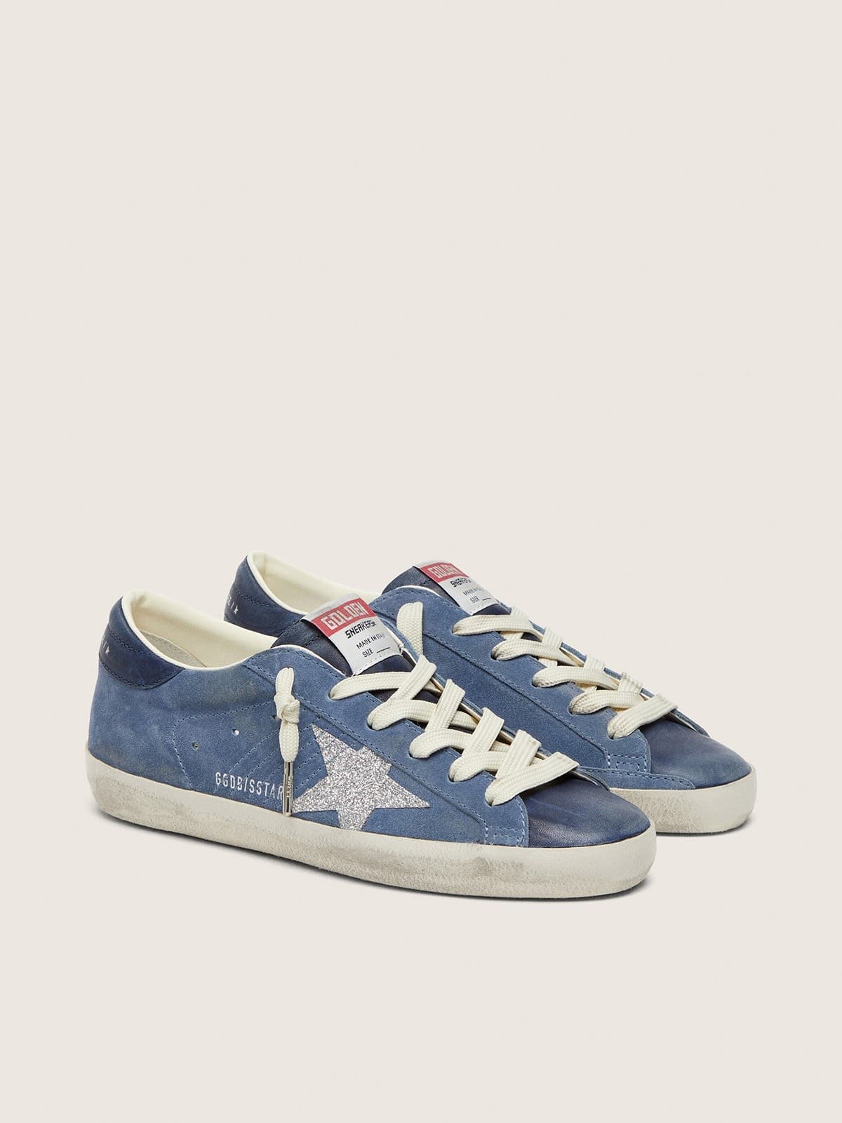 Golden Goose Super-Star Donna in Suede Blu Denim con Stella Glitter Argento