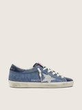 Golden Goose Super-Star Donna in Suede Blu Denim con Stella Glitter Argento