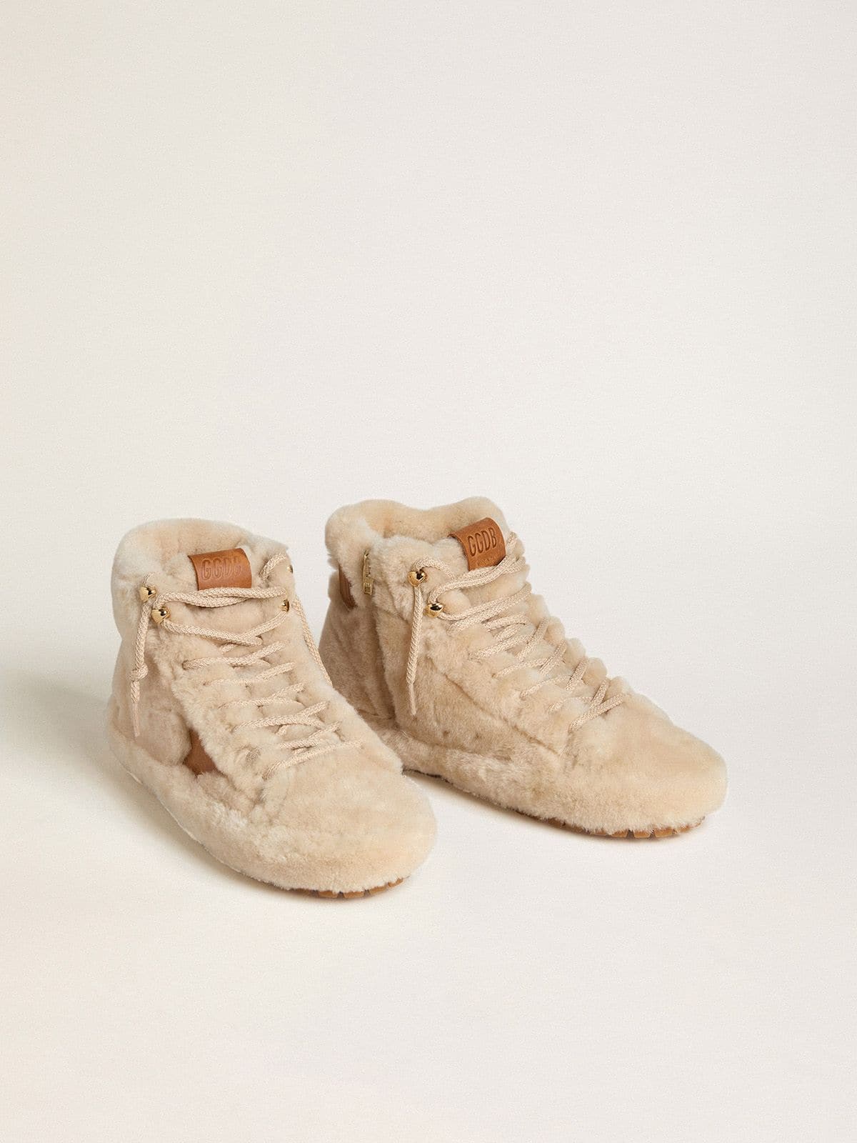 Golden Goose Francy Donna in Shearling Color Beige con Stella in Pelle Marrone
