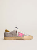 Golden Goose Super-Star Donna in Suede Tortora con Stella in Pelle Fucsia e Talloncino in Suede Ocra
