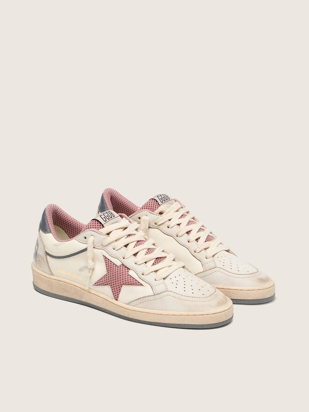 Golden Goose Ball Star Donna Ltd in Pelle Beige con Stella in Rete Rosa e Talloncino in Pelle Blu