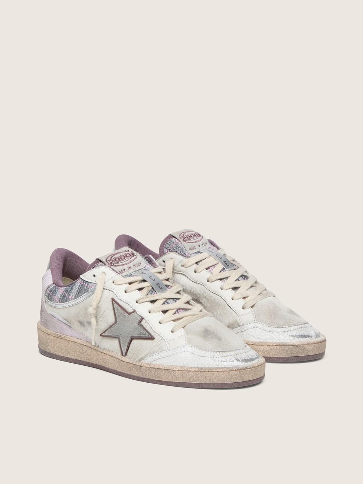 Golden Goose Ball Star Lab Donna in Nylon e Cavallino Bianco con Stella Argento e Inserti Lilla