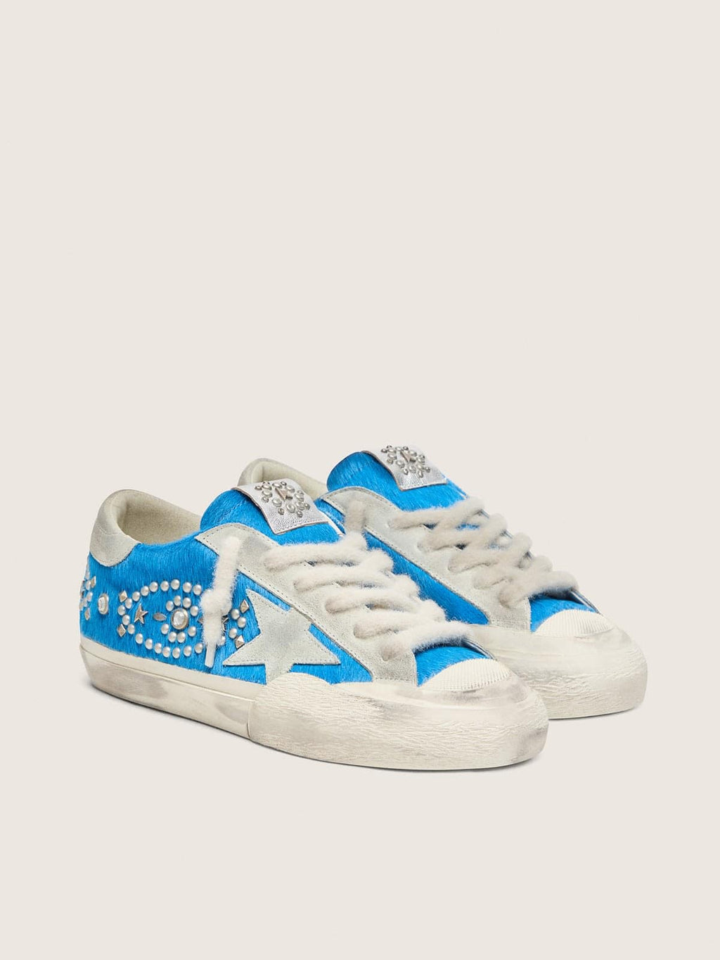 Golden Goose Super-Star Donna Lab in Cavallino Bluette con Stella Suede e Borchie