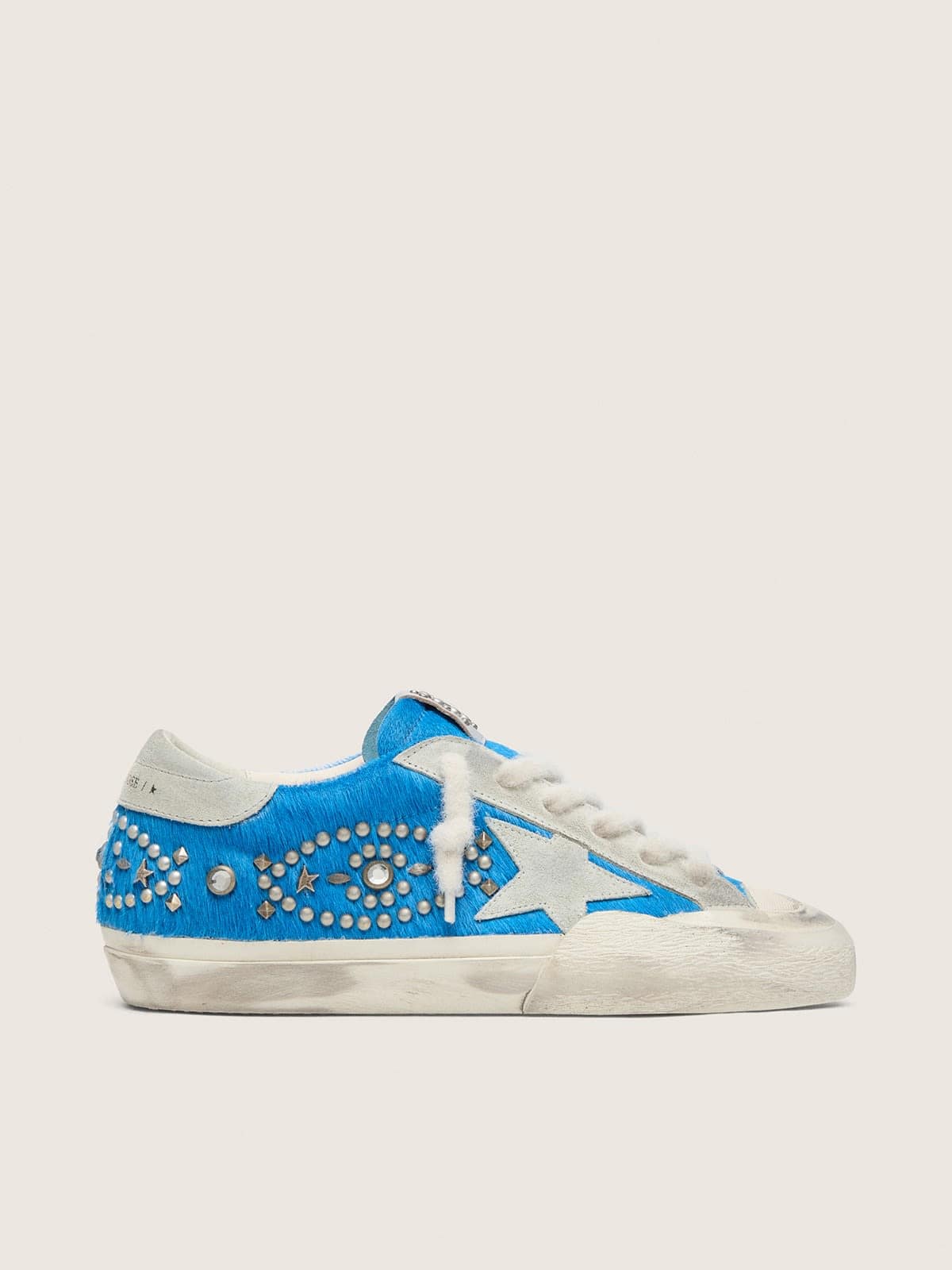 Golden Goose Super-Star Donna Lab in Cavallino Bluette con Stella Suede e Borchie