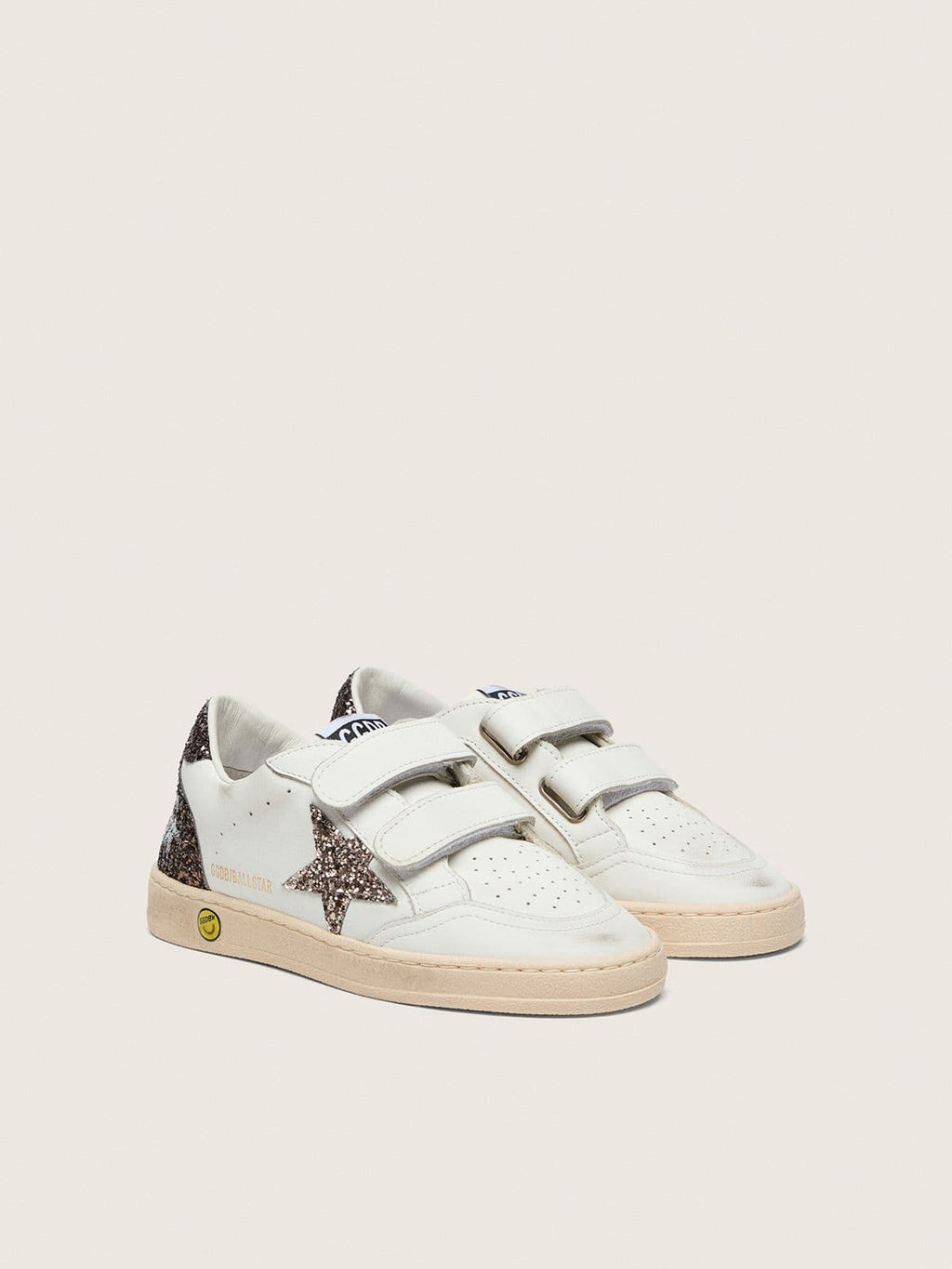NUOVO ARRIVO - Golden Goose Ball Star Young in pelle bianca con stella glitter tortora e inserti in glitter marrone