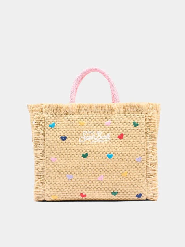 Borsa Mini Vanity in raffia con ricami cuori