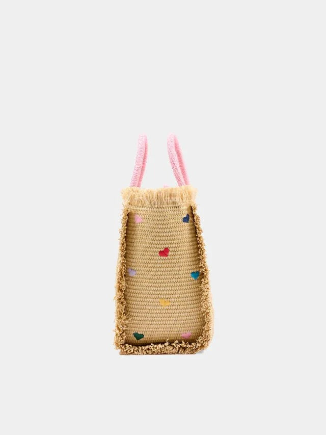 Borsa Mini Vanity in raffia con ricami cuori