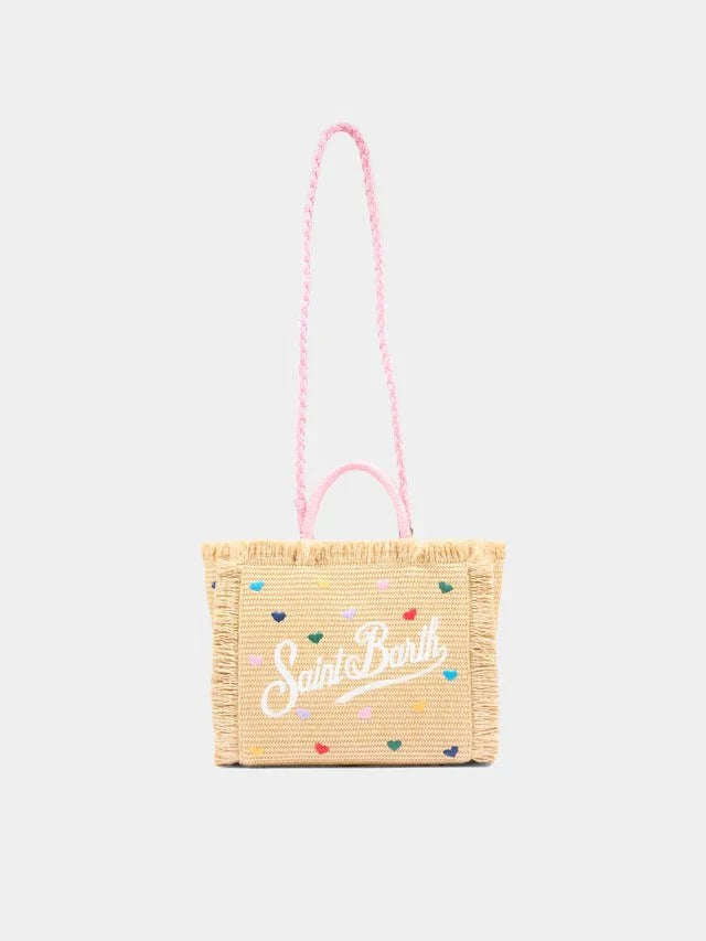 Borsa Mini Vanity in raffia con ricami cuori