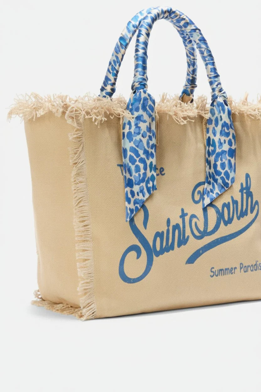 Borsa Vanity in canvas sabbia con manico foulard blu stampa animalier