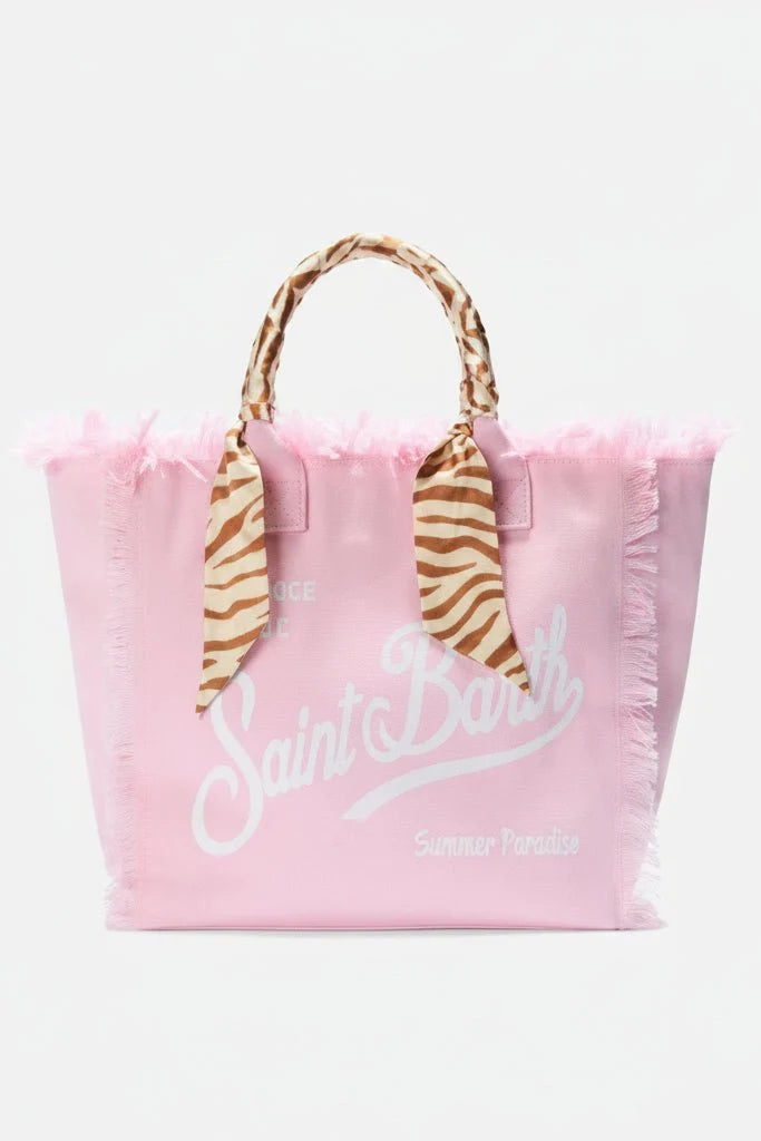 Borsa Vanity in canvas sabbia con manico foulard rosa stampa animalier
