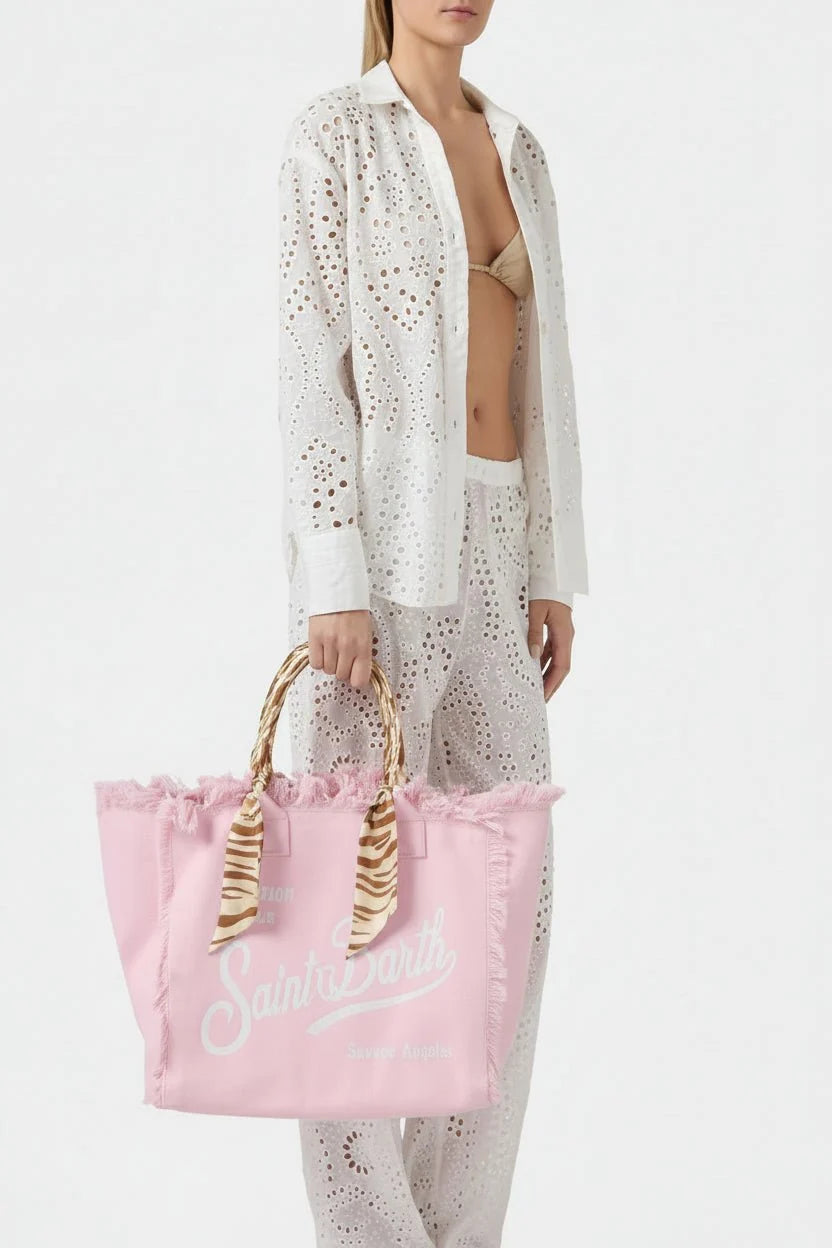 Borsa Vanity in canvas sabbia con manico foulard rosa stampa animalier