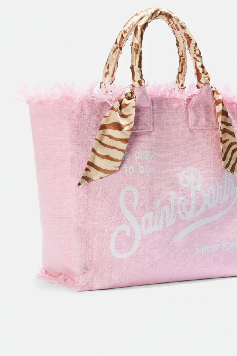 Borsa Vanity in canvas sabbia con manico foulard rosa stampa animalier
