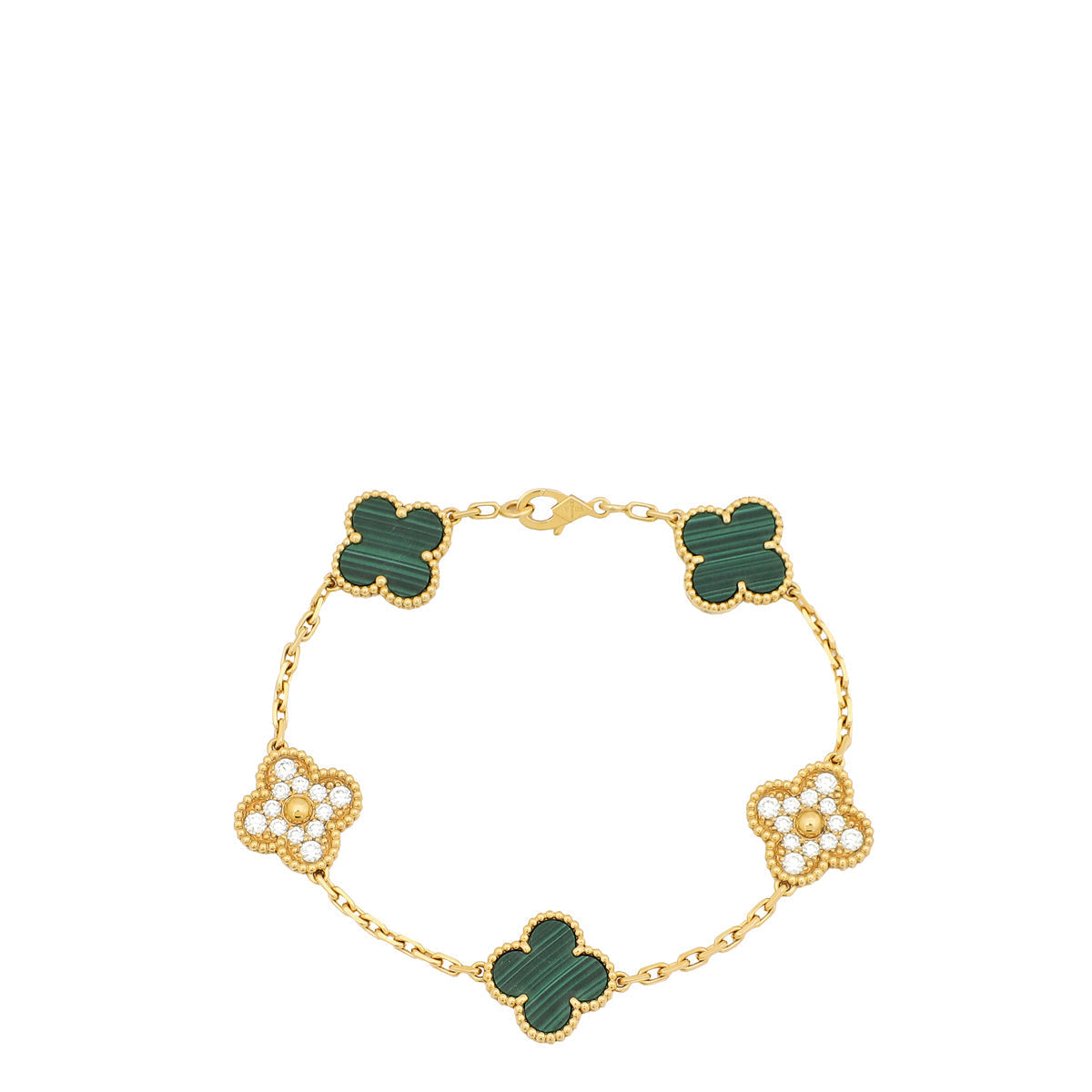 Van Cleef & Arpels 18K Yellow Gold Diamond Malachite 5 Motifs Vintage Alhambra Bracelet – Accessorio premium elegante