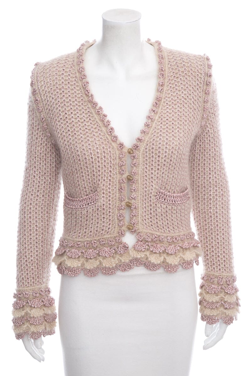 Chanel 2004 Fall Pink Shimmer Button Up Sweater SZ 38 – Accessorio premium elegante