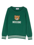Maglione per bambina Moschino Kids verde con logo intarsiato e ricamo Teddy Bear – Accessorio premium elegante