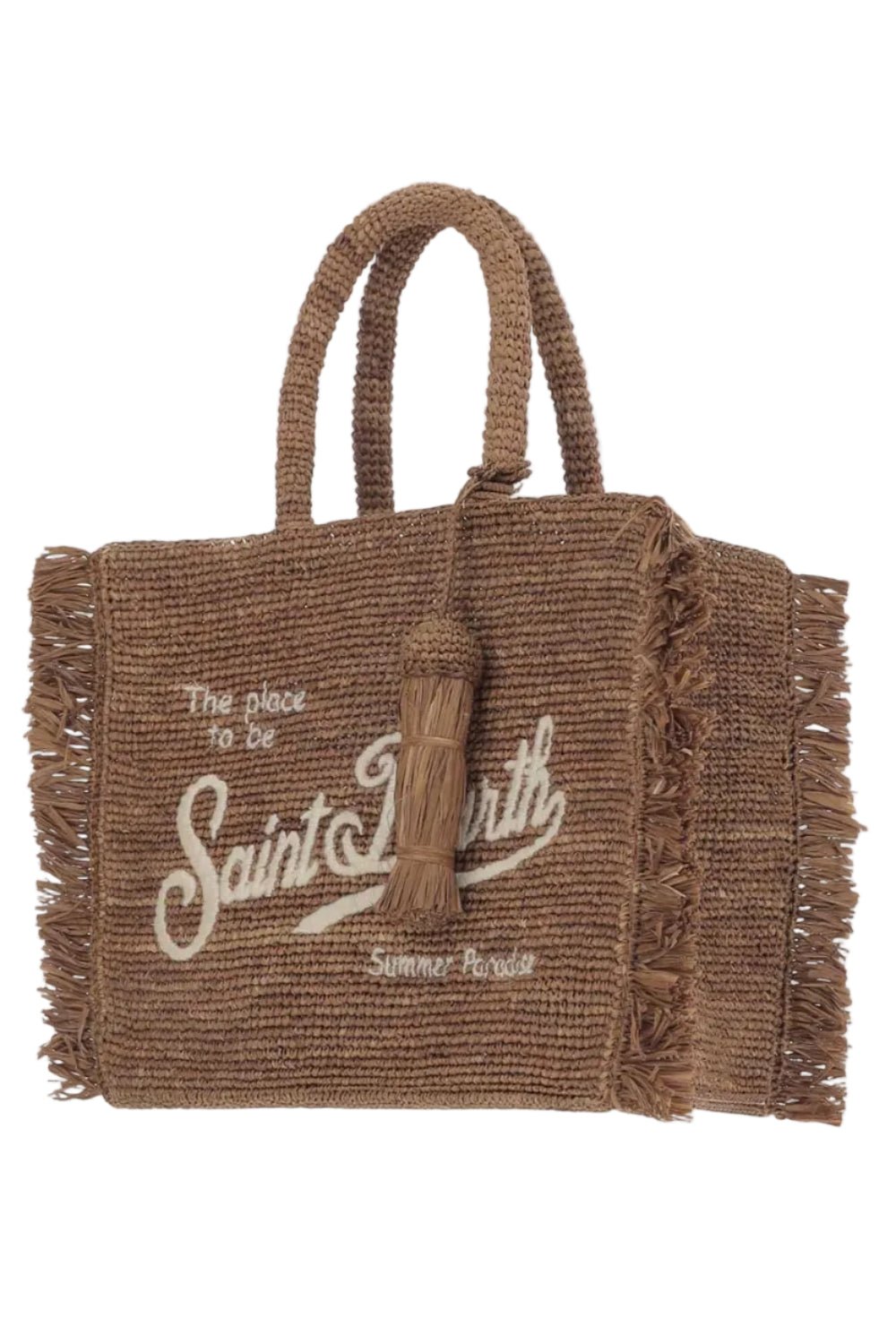 Borsa Colette in raffia scura con frange e nappina