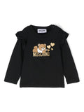 T-shirt per neonata Moschino Kids nero con stampa Teddy Bear e ruches – Accessorio premium elegante