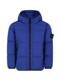 Giacca imbottita con cappuccio e toppa con bussola per bambino Stone Island Junior blu con due tasche laterali con zip – Accessorio premium elegante