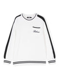 Maglione con logo ricamato per bambino Balmain Kids bianco con bordo a righe – Accessorio premium elegante
