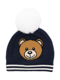 Berretto per neonati Moschino Kids blu con ricamo Teddy Bear e pompon – Accessorio premium elegante