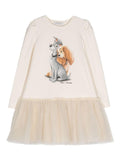 Abito svasato con stampa x Disney per bambina Monnalisa beige con interto a tulle – Accessorio premium elegante