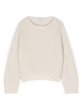 Maglione scintillante per bambina Brunello Cucinelli Kids beige con scollo rotondo – Accessorio premium elegante