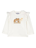 T-shirt per neonata Moschino Kids bianco con stampa Teddy Bear e ruches – Accessorio premium elegante