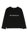 T shirt per bambina nera a maniche lunghe con logo Givenchy centrale bianco e stemma 4G posteriore – Accessorio premium elegante