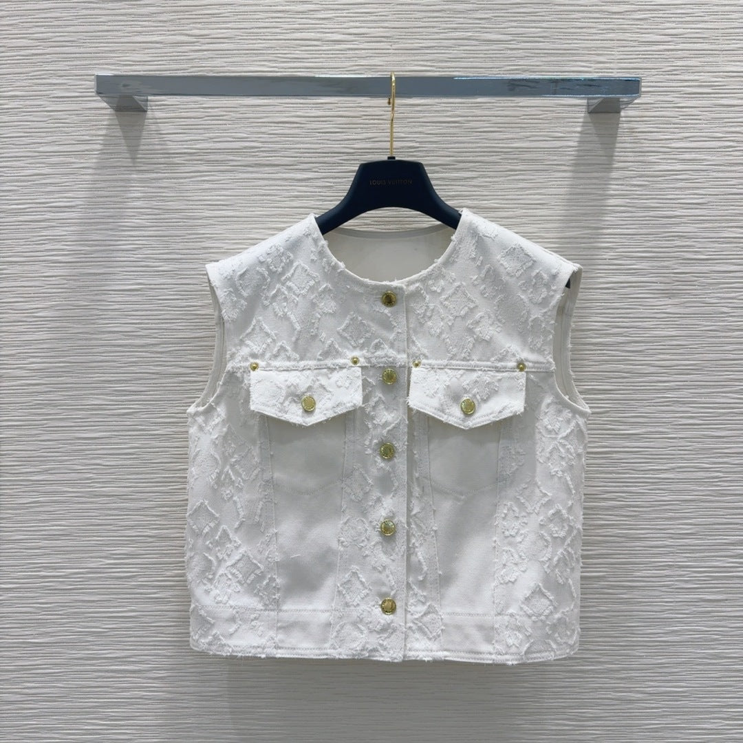 LV 25S Monograw Jacquard Fabric Vest Jacket White Cotton – Accessorio premium elegante