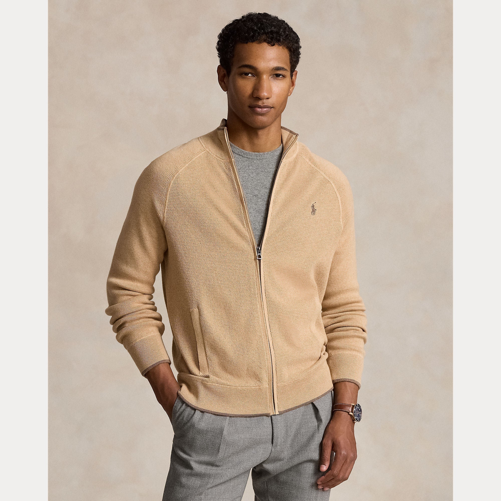 TEXTURED COTTON FULL-ZIP SWEATER – Accessorio premium elegante